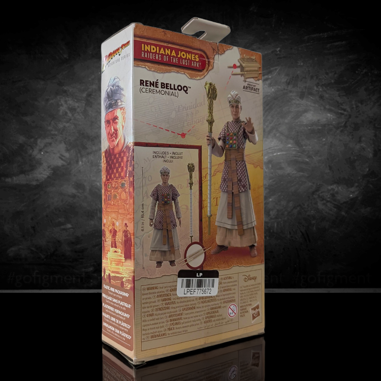 Hasbro Indiana Jones Rene Belloq action figure in ceremonial attire with staff and artifact from Raiders of the Lost Ark series packaging