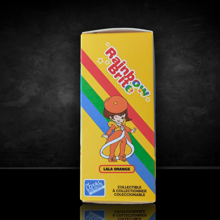 Lala Orange figure packaging from Rainbow Brite collectible series with colorful rainbow stripes and Loyal Subjects logo