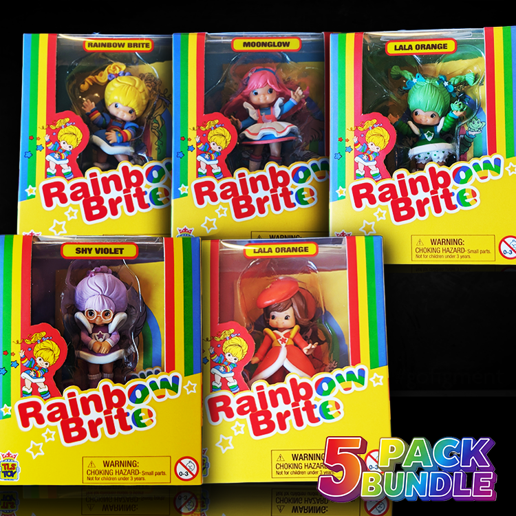 Rainbow Brite 2.5-inch collectible figures five-pack bundle in original yellow packaging with rainbow stripes and character names