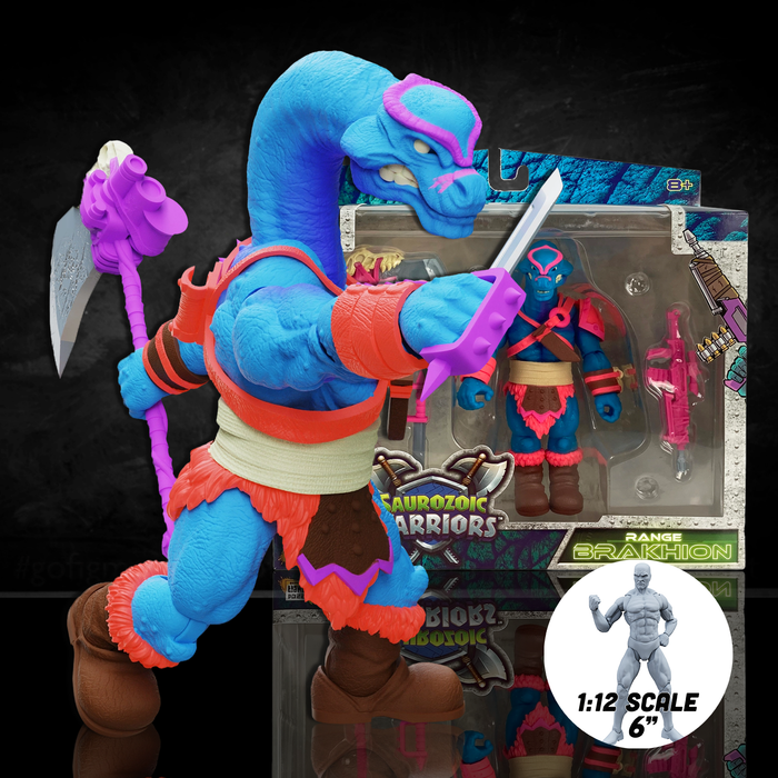 Range Brakhion Saurozoic Warriors action figure, a 6-inch scale Brachiosaurus-inspired spy. This teal and pink dinosaur warrior features a long neck, blue skin with pink armor, and holds a large grey rocket axe. 1:12 scale collectible by Boss Fight Studio.