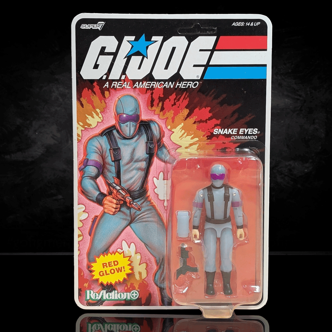 Super7 Snake Eyes Red Glow 3.75-inch ReAction+ figure in arctic outfit with weapons in retro blister card packaging