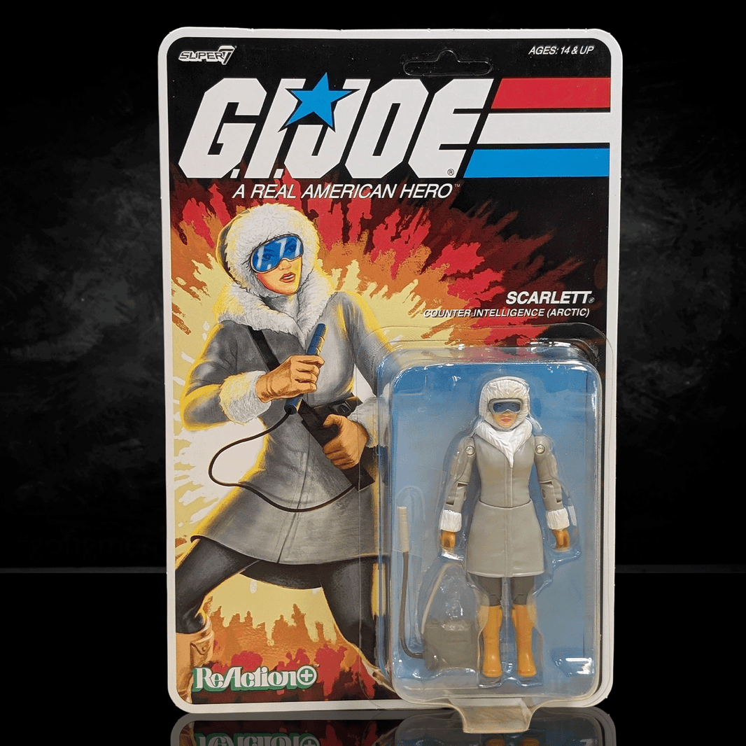 Super7 GI Joe Scarlett Arctic Counter Intelligence figure in parka with geiger counter accessory in retro blister card packaging