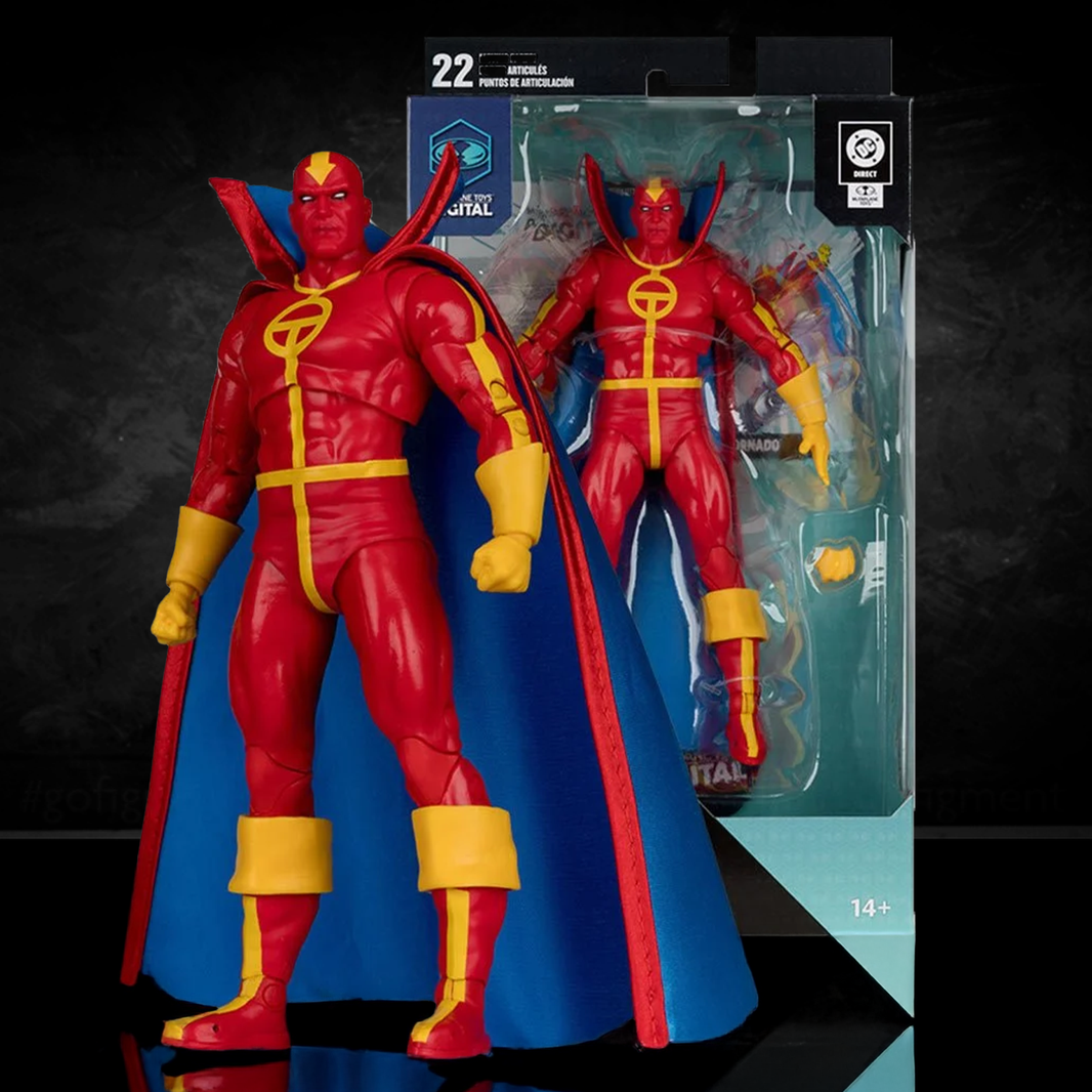 McFarlane 7-inch Red Tornado action figure in red and yellow costume with blue cape and packaging in background