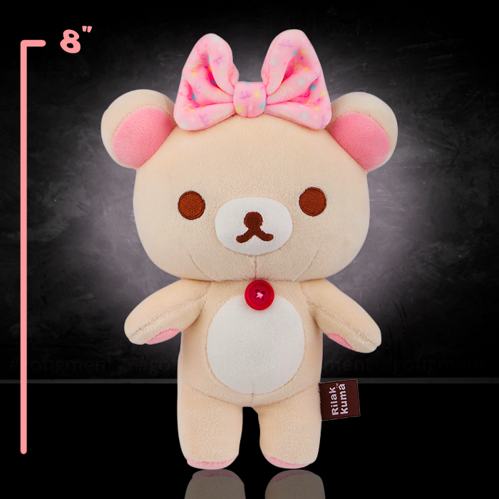 San-X Korilakkuma Happy For You Mochi Plush Bear 8 inches with pink bow and soft squishy texture