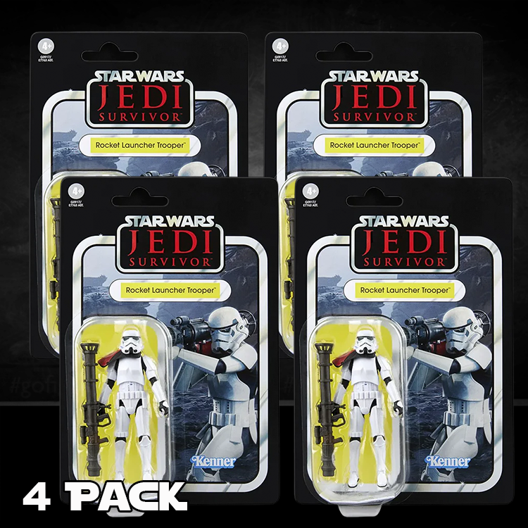 Four Kenner Star Wars Jedi Survivor Rocket Launcher Trooper action figures in packaging displayed in a 4-pack bundle.