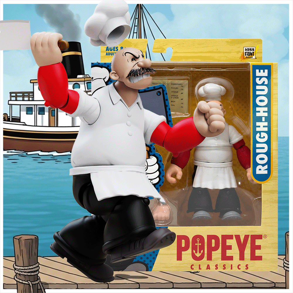 Boss Fight Studio Llc Rough-House Popeye Classics figure in white chef outfit holding knife and cup with packaging background