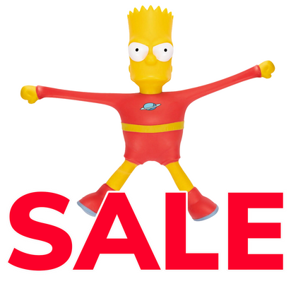 Bart Simpson stretch figure with arms extended above large red SALE lettering