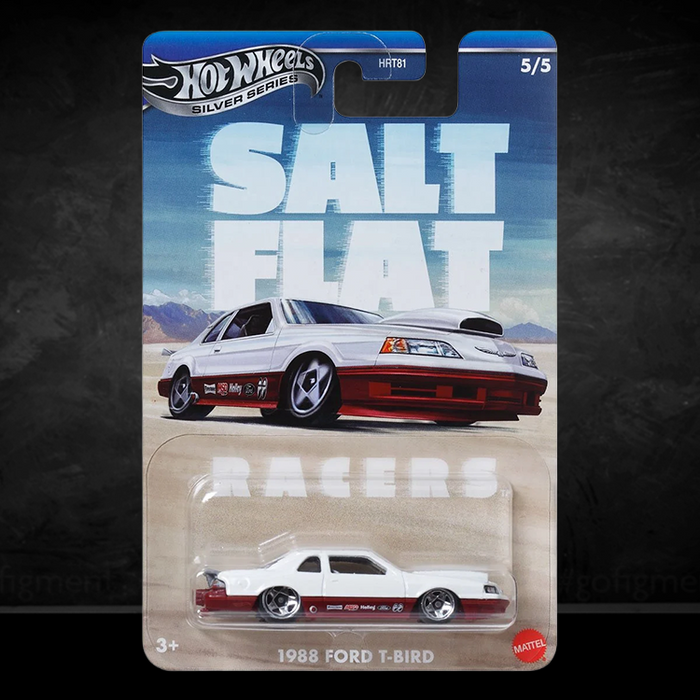 Mattel Hot Wheels 1988 Ford T-Bird Salt Flat Racers die-cast car in collector packaging, retro racing design.