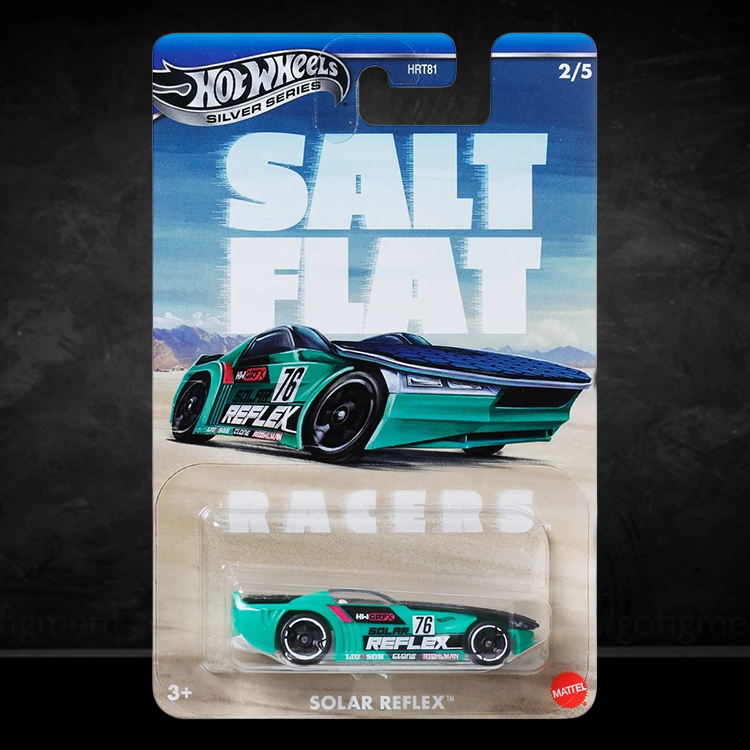 Mattel Hot Wheels Solar Reflex die-cast car in seafoam green with racing graphics from Salt Flat Racers series