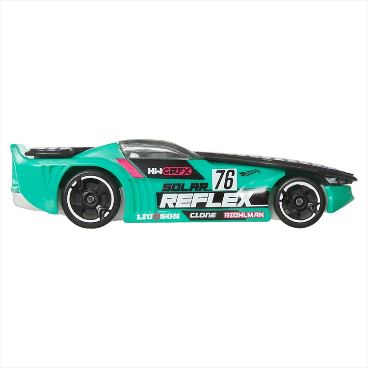 Mattel Hot Wheels Solar Reflex die-cast car in seafoam metallic finish with racing graphics and premium wheels