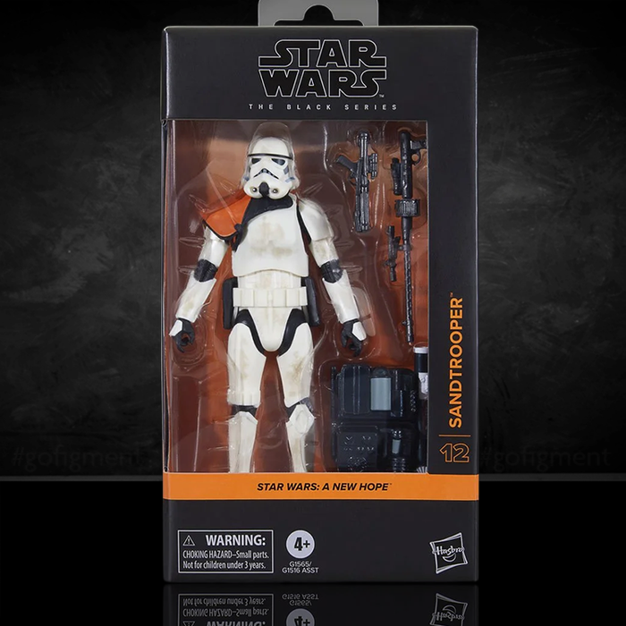 Star Wars The Black Series Sandtrooper 6-inch action figure by Hasbro with accessories in window box packaging