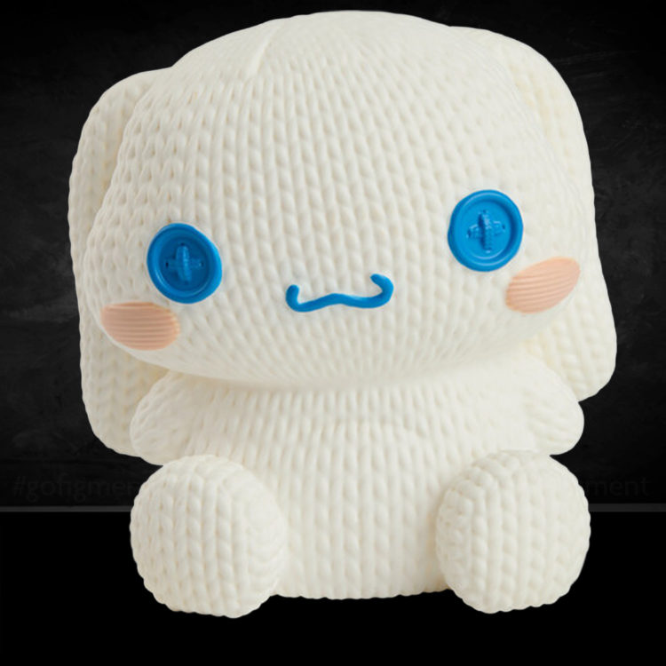 Handmade by Robots Cinnamoroll figure with knit-inspired texture, blue button eyes, and blush cheeks on black background