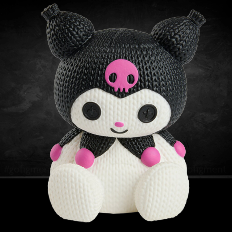 Handmade by Robots Kuromi figure in knit-inspired black and white vinyl with pink skull detail and button-like eyes.