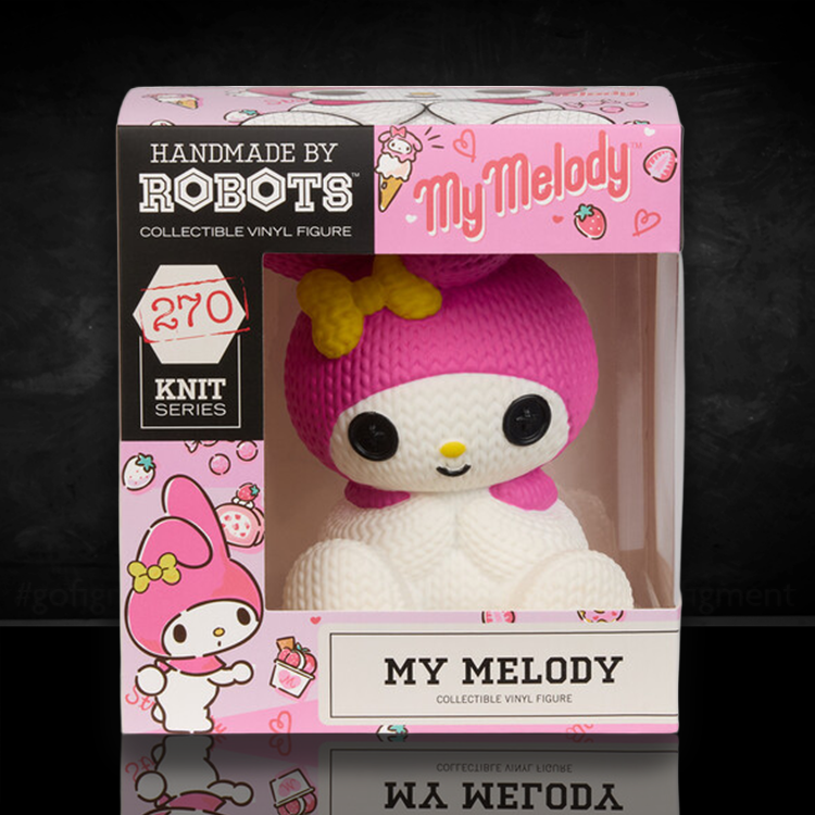 My Melody collectible vinyl figure in knit-inspired design by Handmade by Robots in pink and white packaging