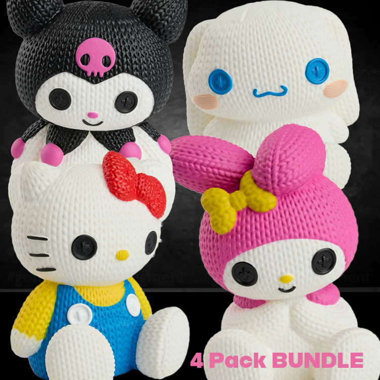 Handmade by Robots Sanrio 4-pack bundle featuring Hello Kitty, Kuromi, My Melody, and Cinnamoroll knit-inspired vinyl figures.