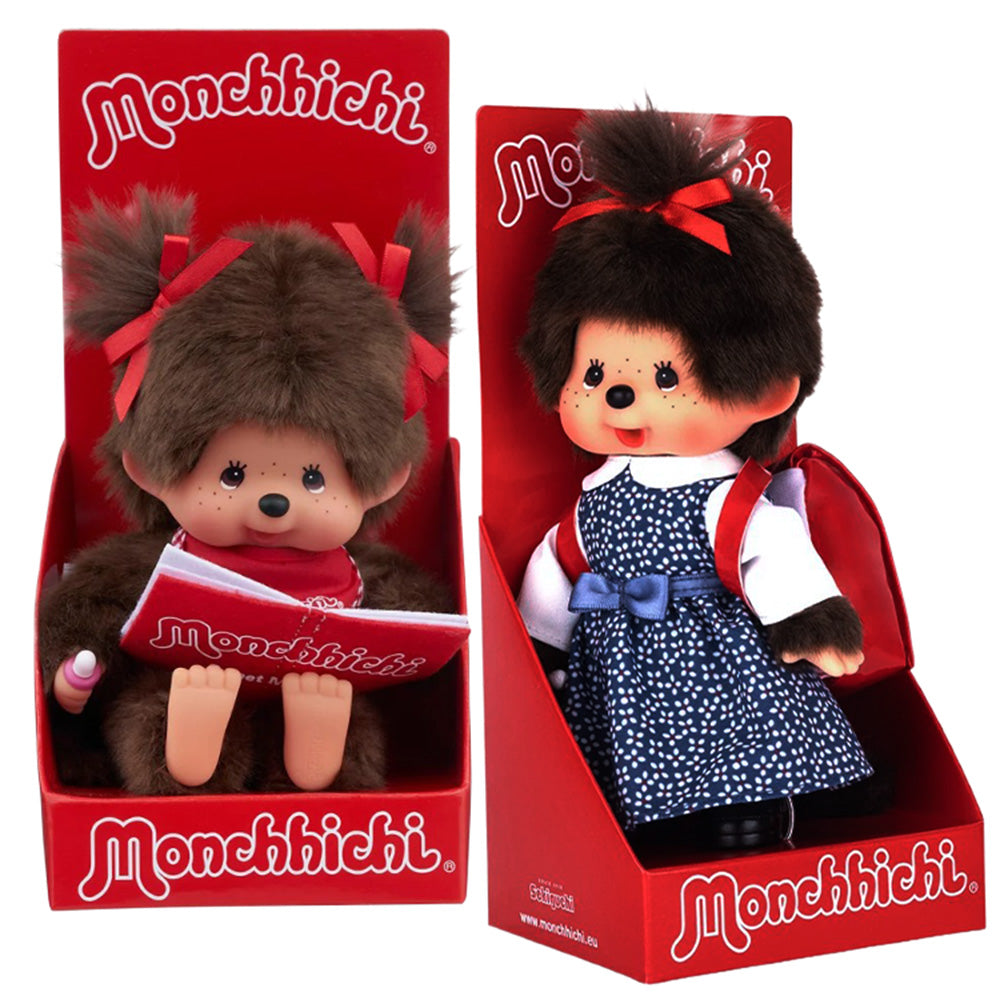 Monchhichi Japanese School Bag Girl & Sitting Reading Girl Classic 8 Inch Plush Doll Set 2-Pack Sekiguchi Sold as Set