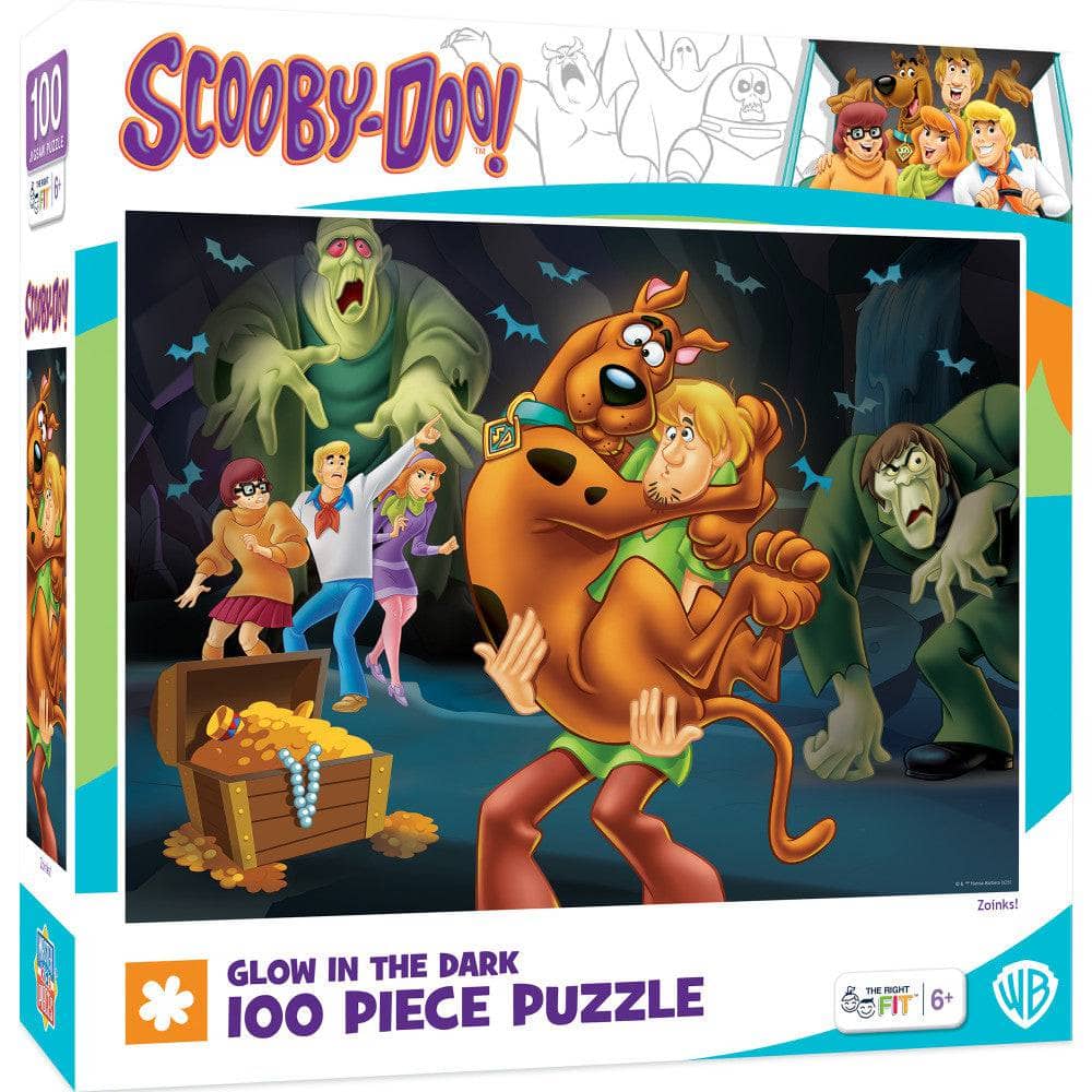 Master Pieces Scooby Doo Zoinks glow in the dark 100 piece jigsaw puzzle with characters and treasure chest design