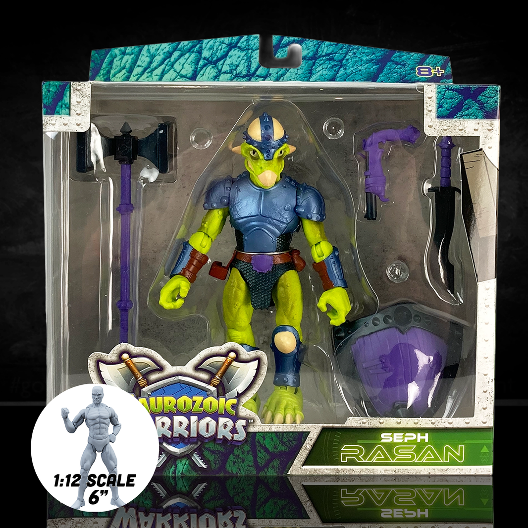 Articulated dinosaur warrior toy Seph Rasan in a charging pose with flintlock blaster and sword. Vibrant lime-green dinosaur soldier from the Saurozoic Warriors series.