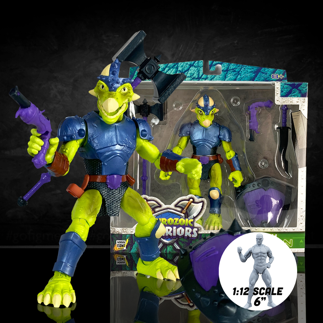Articulated dinosaur warrior toy Seph Rasan in a charging pose with flintlock blaster and sword. Vibrant lime-green dinosaur soldier from the Saurozoic Warriors series.