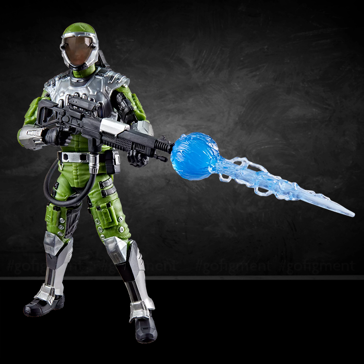 Hasbro G.I. Joe Seymour Sci-Fi action figure in green and silver firing a blue laser blast effect accessory.