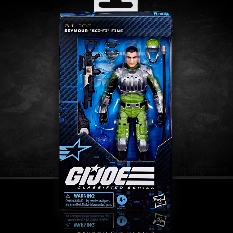 G.I. Joe Seymour “Sci-Fi” Fine action figure in green armor with accessories, 6-inch Hasbro collectible displayed in packaging