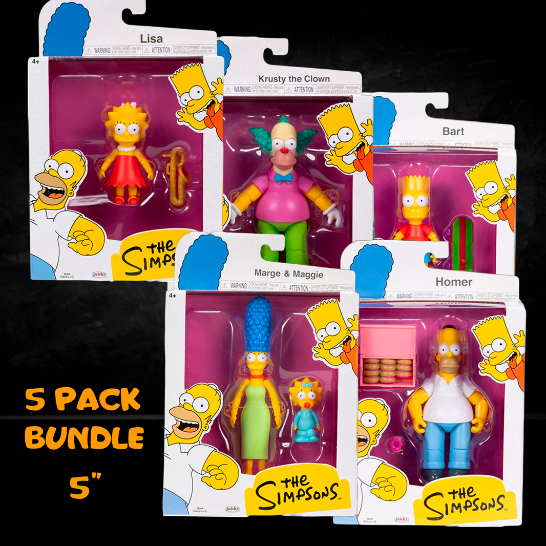 Simpsons 5-pack action figures bundle by Jakks Pacific featuring Homer, Marge, Bart, Lisa, and Krusty in 5 inch scale