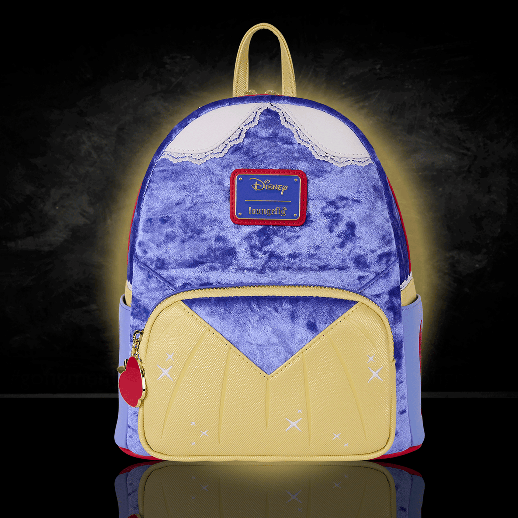Loungefly mini backpack inspired by Disney Snow White's gown with blue plush and yellow front pocket detailing