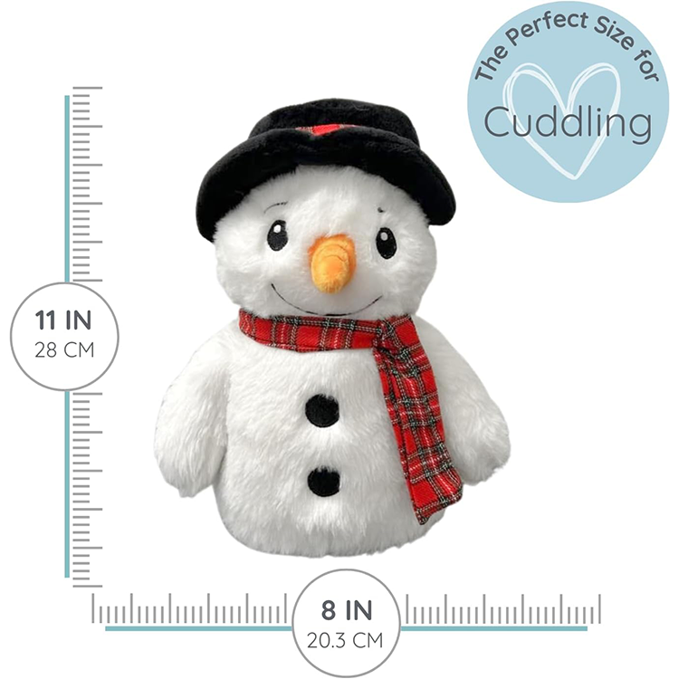 Soft plush snowman with black hat and red plaid scarf, 11 inches tall, perfect for cozy cuddling and comfort.