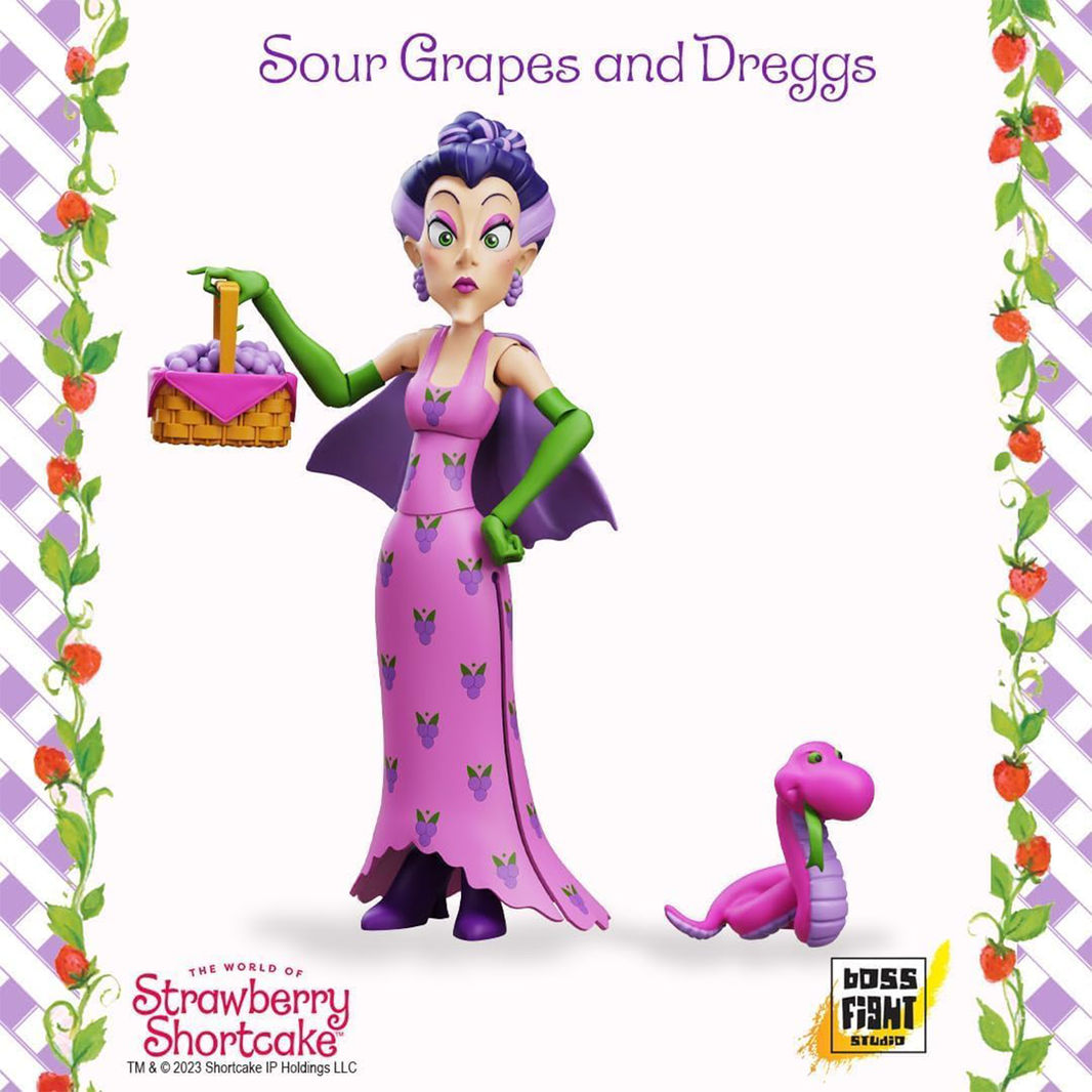 Boss Fight Studio Llc Sour Grapes villain figure in purple dress with green gloves and purple snake accessory from Strawberry Shortcake
