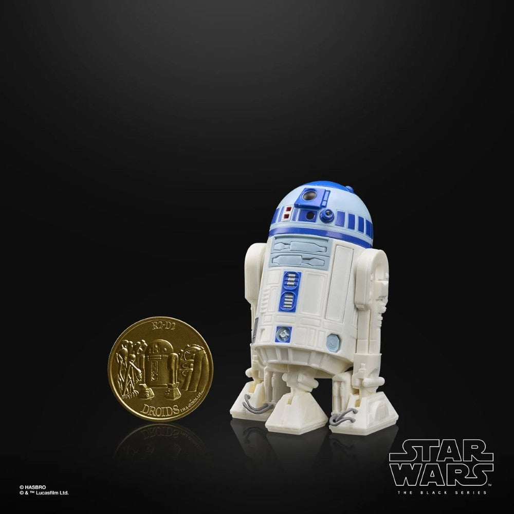 R2-D2 (Artoo-Detoo) Star Wars The Black Series Droids Action Figure by Hasbro with collectible coin on black background