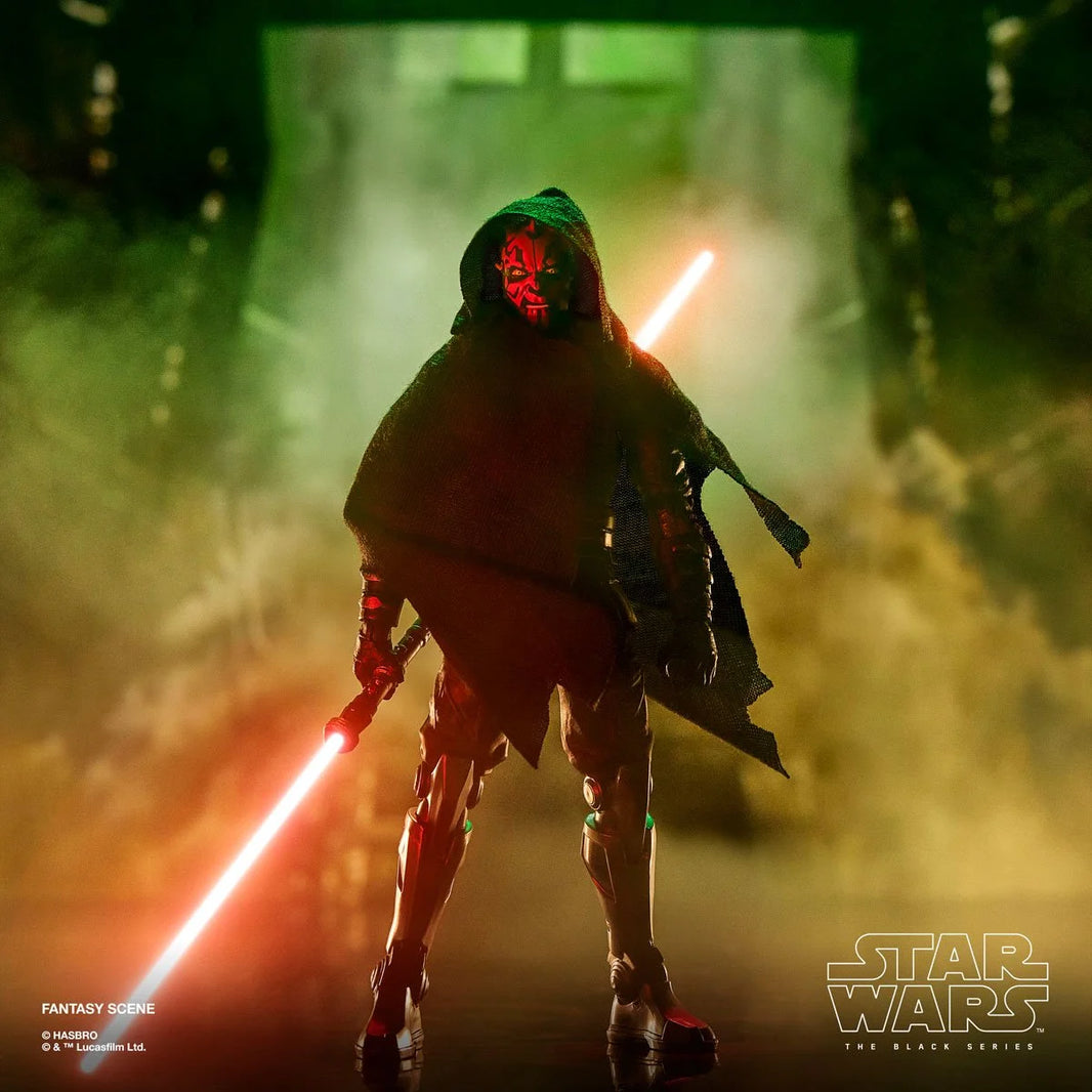 Red and black armored figure with glowing double-bladed red lightsabers in a foggy, dark fantasy environment