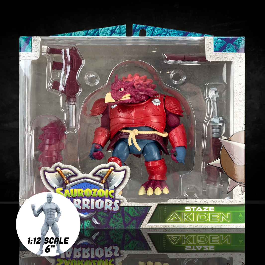 Staze Akiden Saurozoic Warriors action figure, a 1/12 scale Samurai Ankylosaur. The maroon-armored dinosaur warrior is shown in a Ronin-inspired outfit holding a large spiked club. 6-inch scale collectible by Boss Fight Studio.