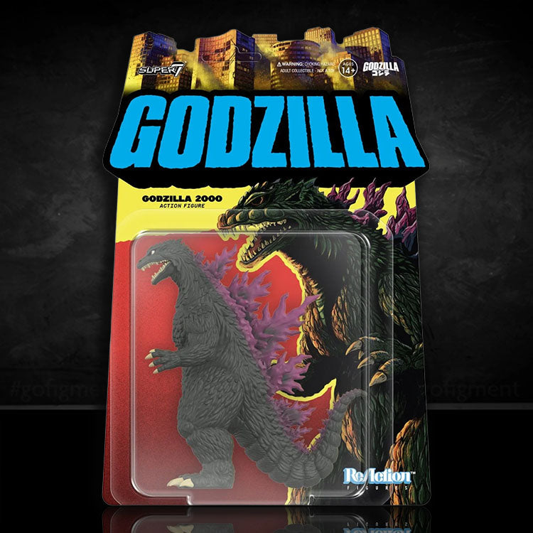 Super7 Godzilla 2000 ReAction Figure 1:18 scale in packaging with illustrated monster background and logo