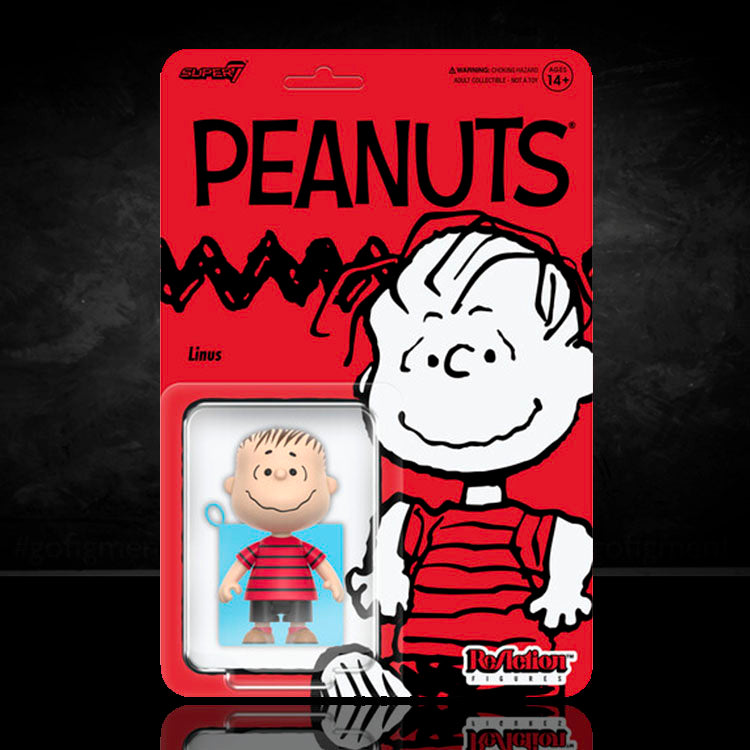 Super7 Peanuts Linus 3.75 inch ReAction Figure with blue fabric security blanket in red striped shirt packaging