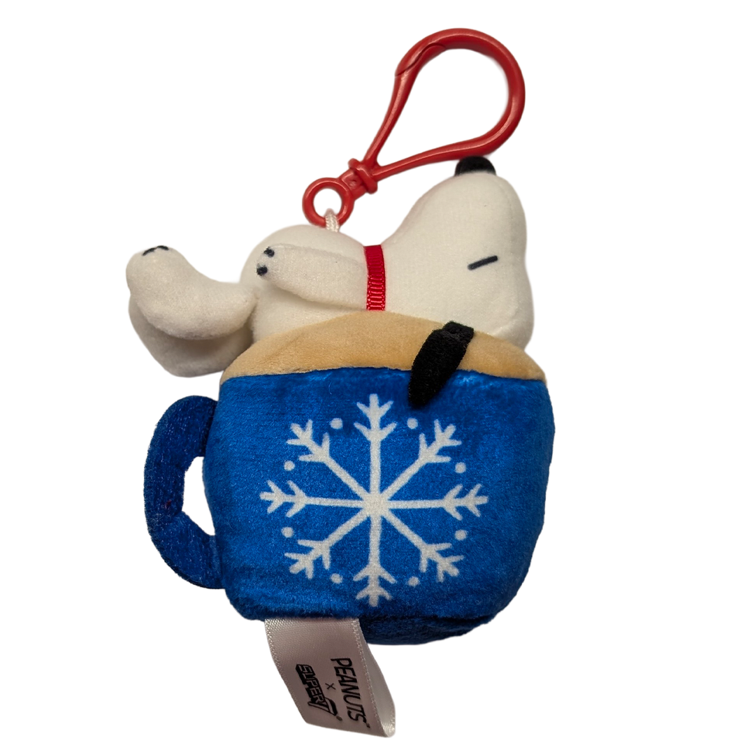 Snoopy Blue Cocoa Peanuts Super Duper Plush Holiday Keychain Super7 with blue snowflake cocoa mug