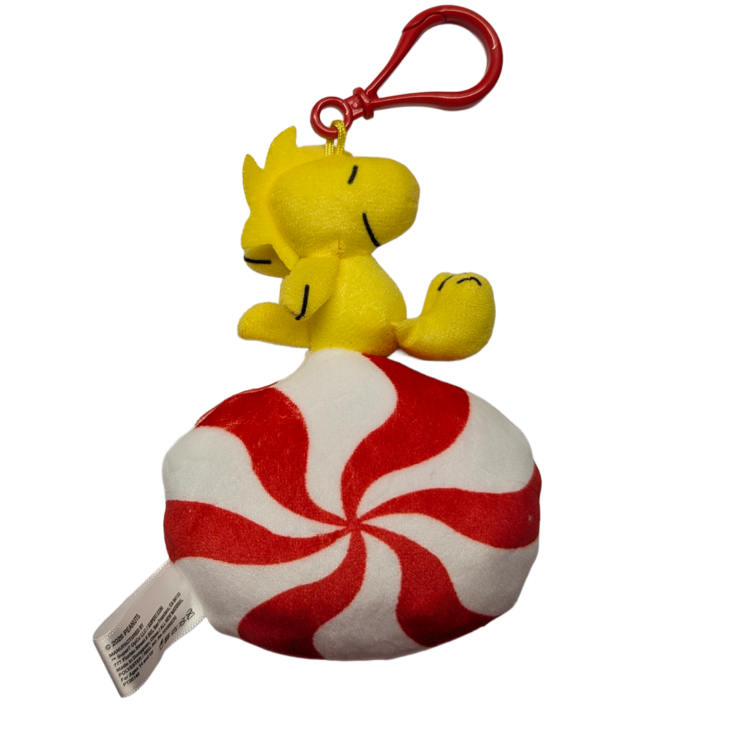 Woodstock Red Mint Peanuts Super Duper Plush Holiday Keychain Super7 with peppermint candy design