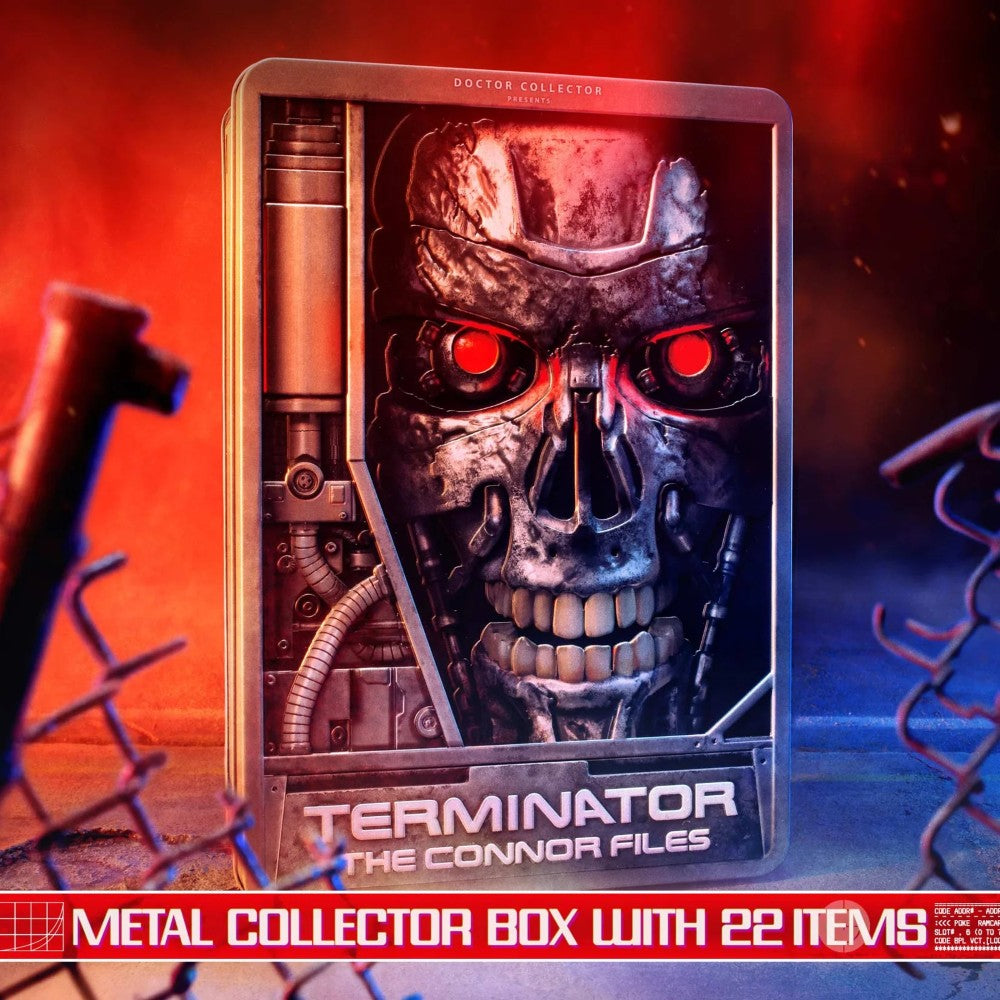 Doctor Collector Terminator metal collector box featuring iconic endoskeleton face with glowing red eyes design