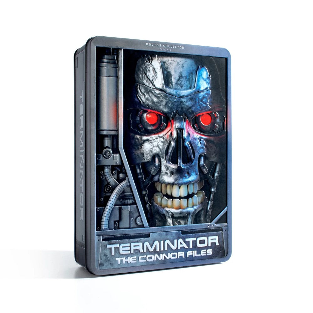 Doctor Collector Terminator metal collector box featuring detailed endoskeleton face with glowing red eyes design