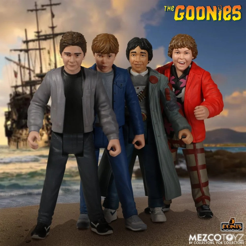 Mikey from The Goonies 1:18 Scale 3.75" 5 Points Retro Action Figure by Mezco with collectible characters background