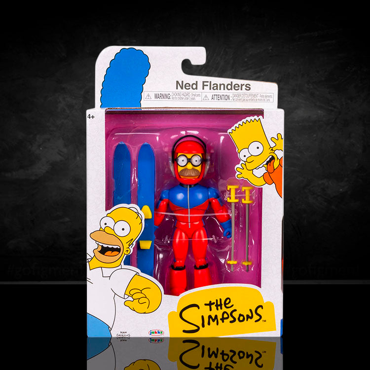 Jakks Pacific Simpsons Sexy Ned Flanders action figure in red and blue ski outfit with skis and poles in packaging