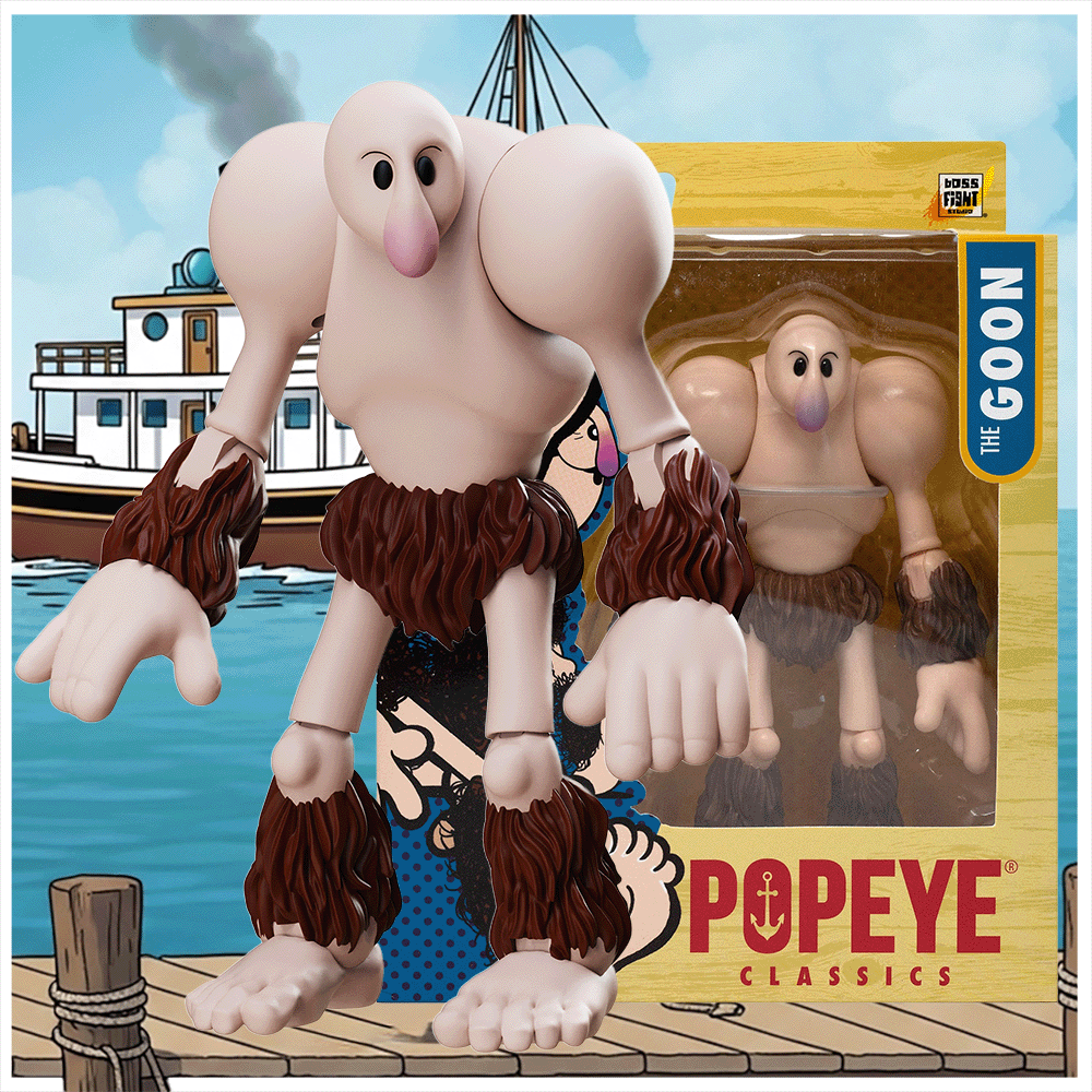 Boss Fight Studio Llc The Goon Popeye Classics figure with exaggerated arms and fur accessories standing in front of packaging