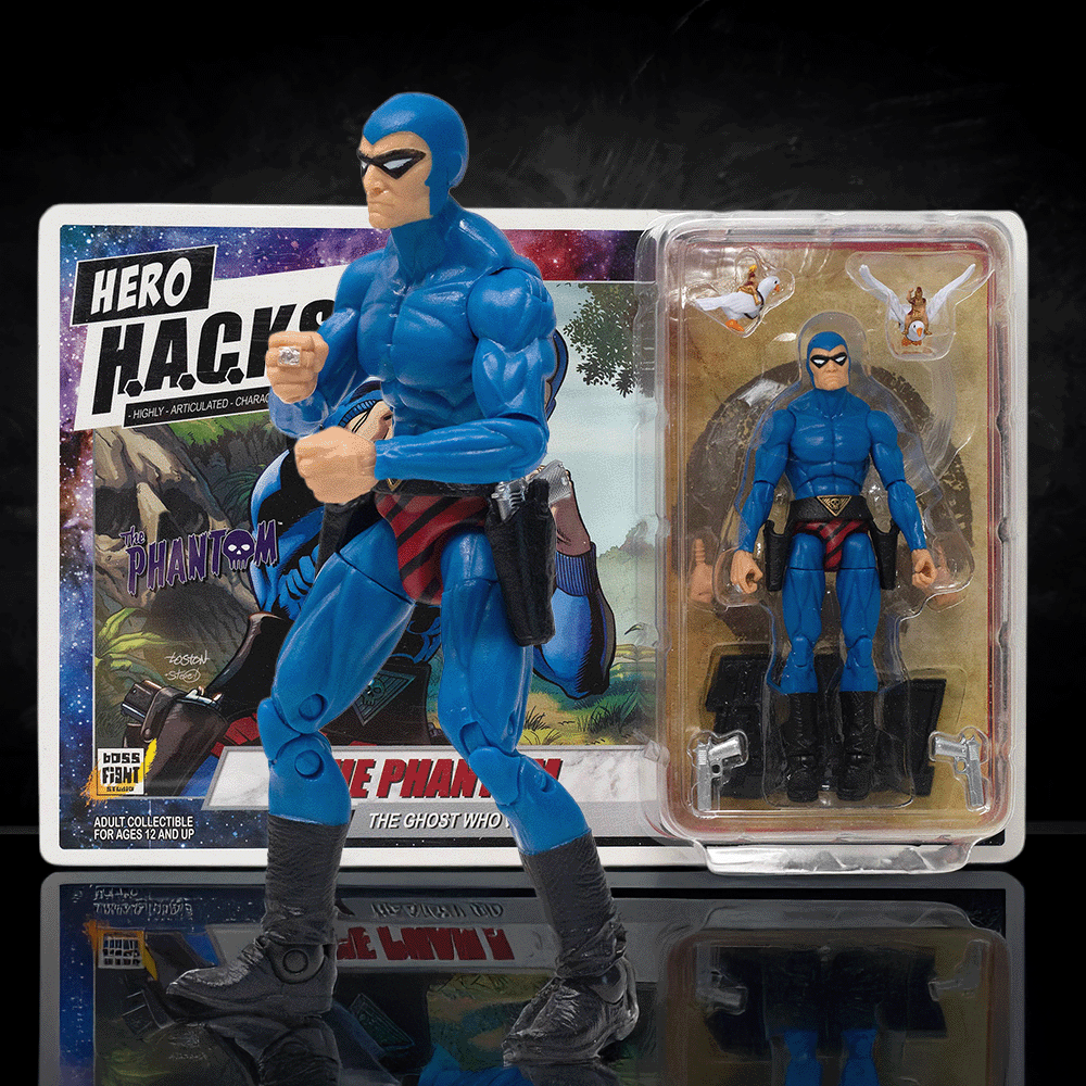 Boss Fight Studio Llc 6-inch Phantom Hero figure in blue costume with black boots and accessories displayed in packaging on reflective surface
