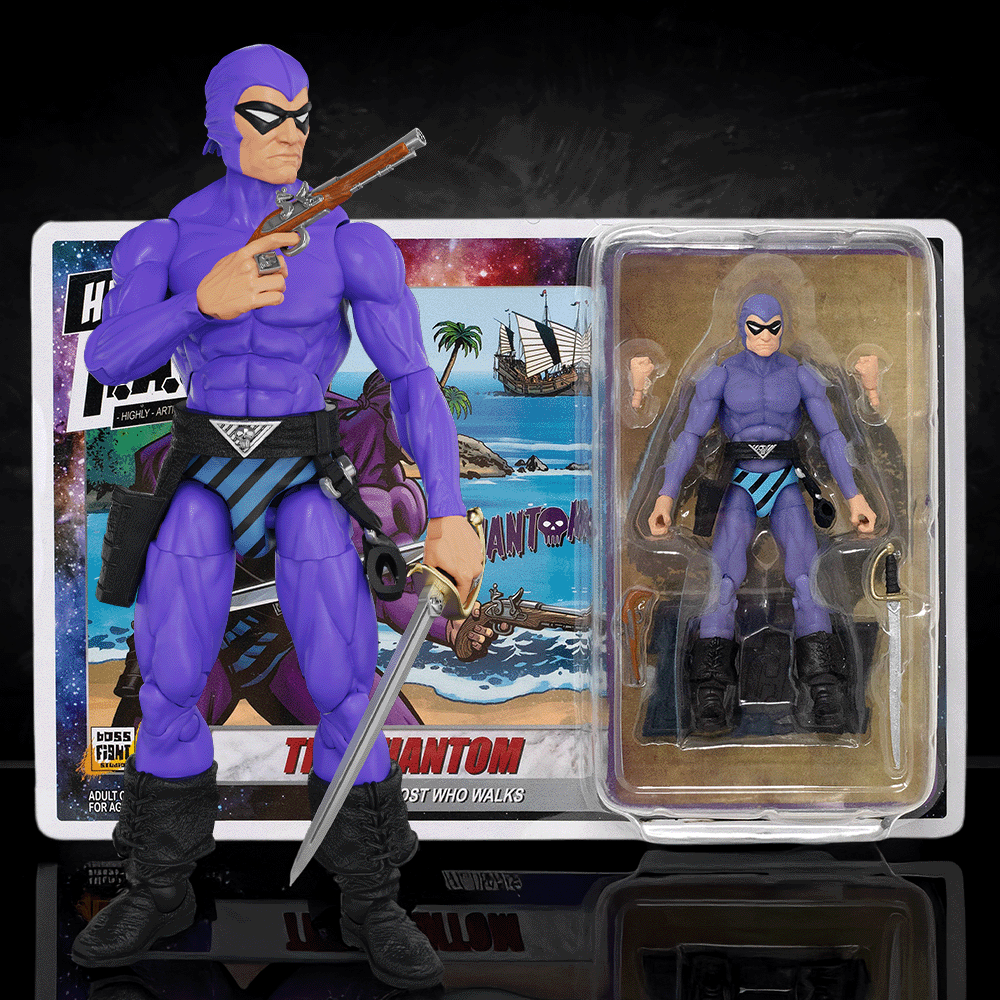 Boss Fight Studio Llc 5-inch Phantom Hero action figure in light purple suit holding pistol and knife with retro card and blister pack background