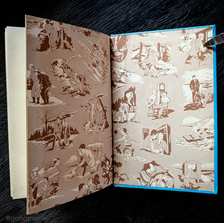 Brown multi-scene endpapers inside 1959 Grosset & Dunlap Hardy Boys book The Tower Treasure hardcover edition.