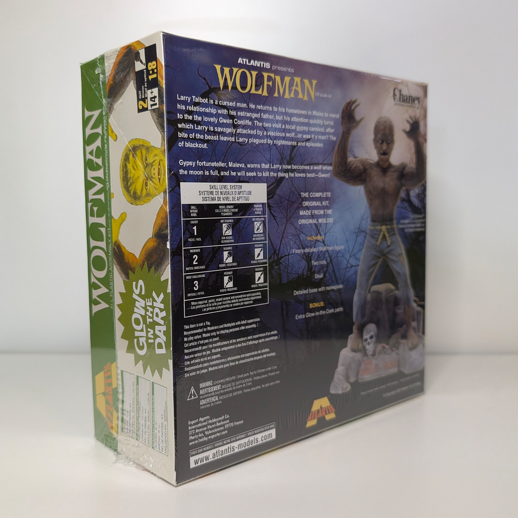 Glow in the Dark Wolfman Model Kit 1/8 Scale Atlantis Models - Made in USA packaging showing figure and details by Atlantis Models