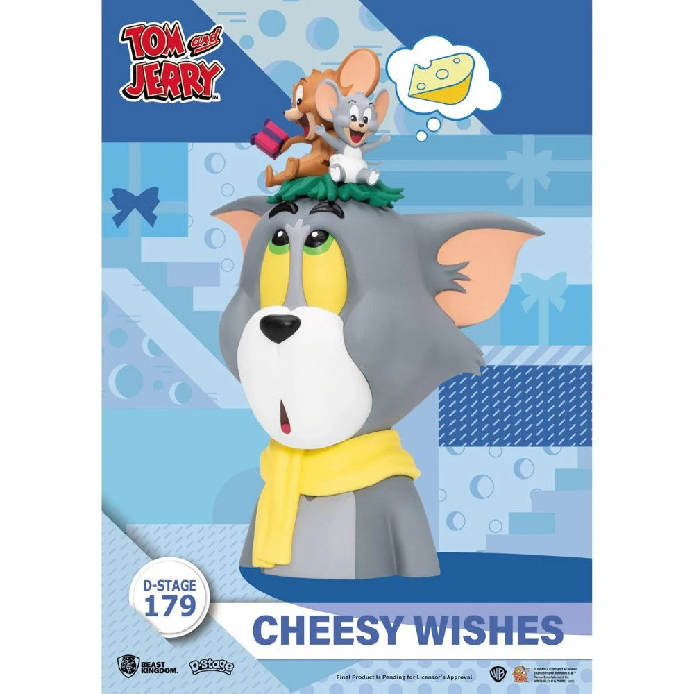 Tom and Jerry Cheesy Wishes poster featuring Jerry sitting on Tom and a cheese thought bubble