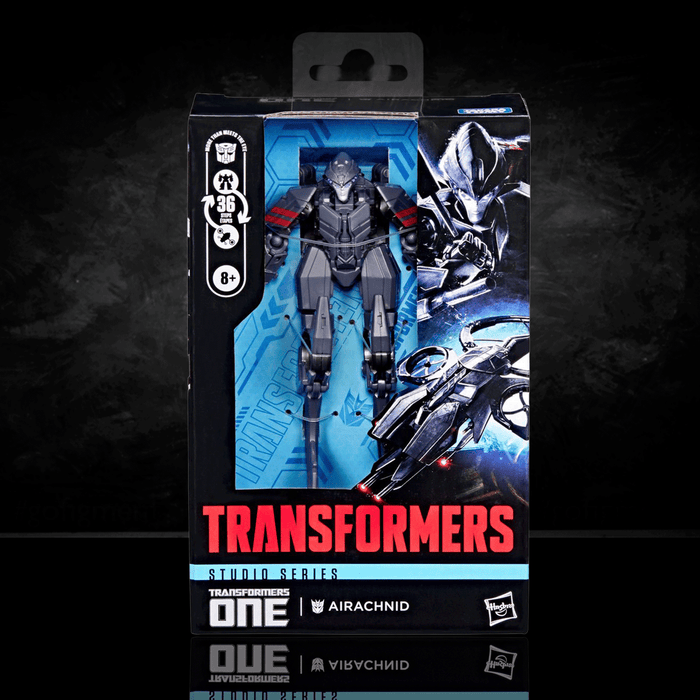Hasbro Transformers One Studio Series Airachnid action figure in packaging with character art and logo details