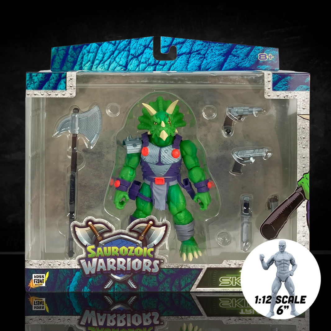 Articulated Triax Skiver dinosaur figure holding a large halberd axe and a blaster pistol. This 6-inch scale Triceratops soldier includes a full arsenal: dual revolvers, a combat knife, and smoke grenades for dynamic battle displays.