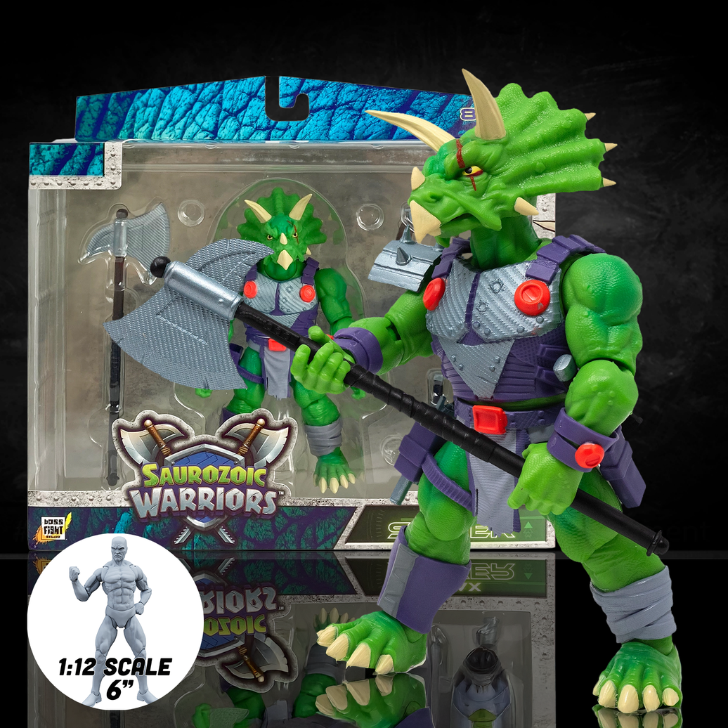 Articulated Triax Skiver dinosaur figure holding a large halberd axe and a blaster pistol. This 6-inch scale Triceratops soldier includes a full arsenal: dual revolvers, a combat knife, and smoke grenades for dynamic battle displays.