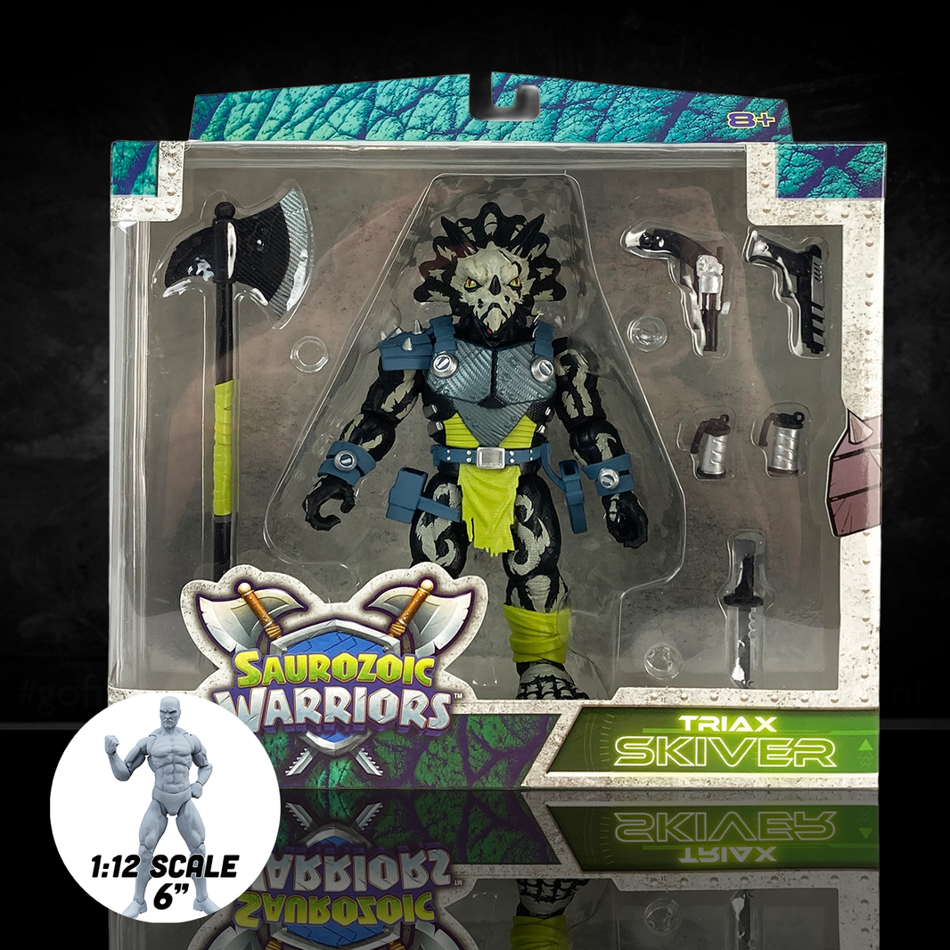Triax Skiver Night Lands Edition action figure, a 1/12 scale Styracosaurus-inspired warrior in glow-in-the-dark green and black camo. Part of the Saurozoic Warriors collection, featuring a halberd axe, blaster pistols, and smoke grenades.